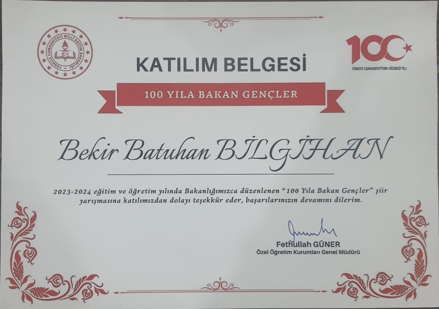 İL BİRİNCİSİ ÖĞRENCİMİZ BEKİR BATUHANʼA BAŞARI BELGESİ VERİLDİ 